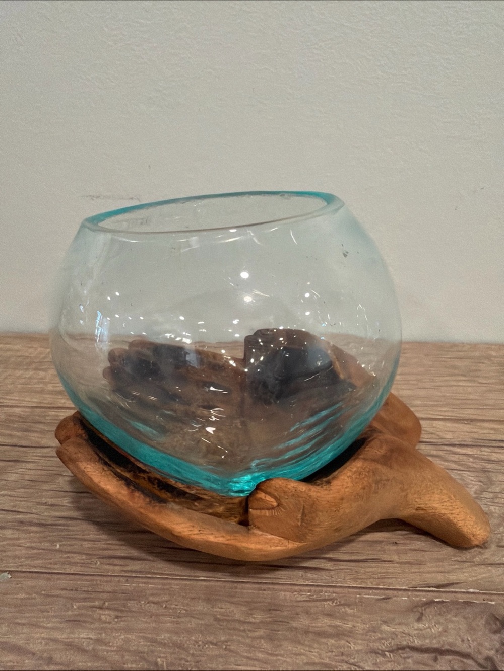 Driftwood Carved Hand Holding Glass Bowl/ Rustic / With Black Patina Read